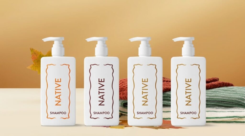 native shampoo bottles arranged on a clean vanity with warm toned background and towels