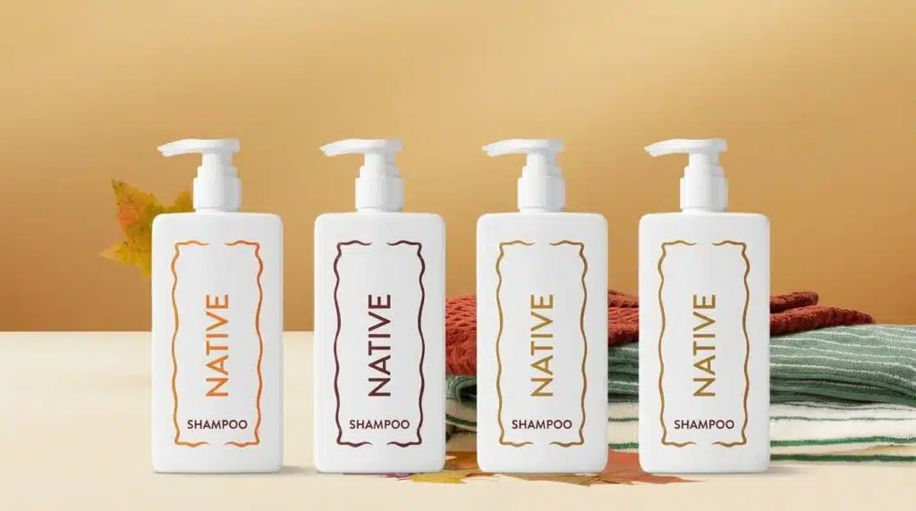 native shampoo bottles arranged on a clean vanity with warm toned background and towels