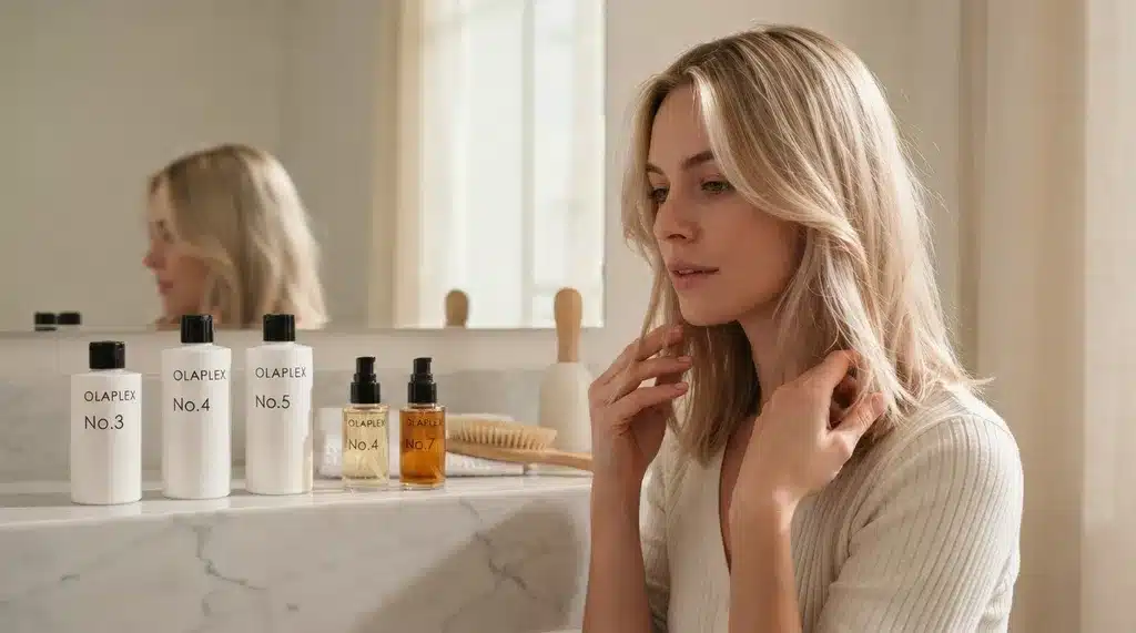 woman with damaged hair beside olaplex products in a beauty bathroom setting for hair repair review