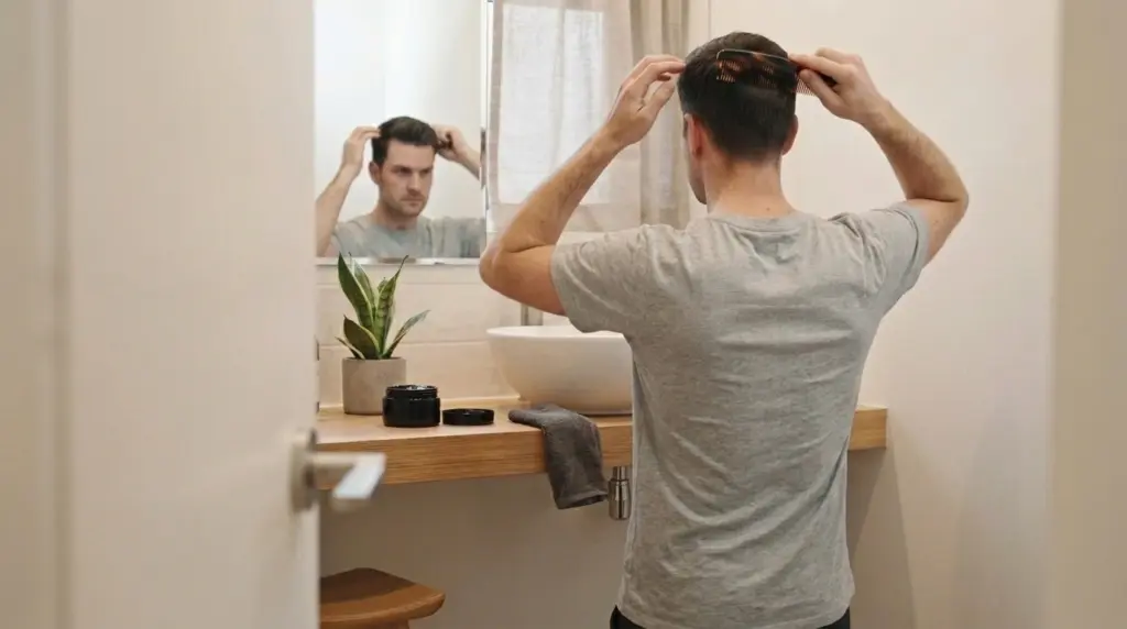 man applying pomade in front of a mirror while checking his hair with a comb in a bathroom