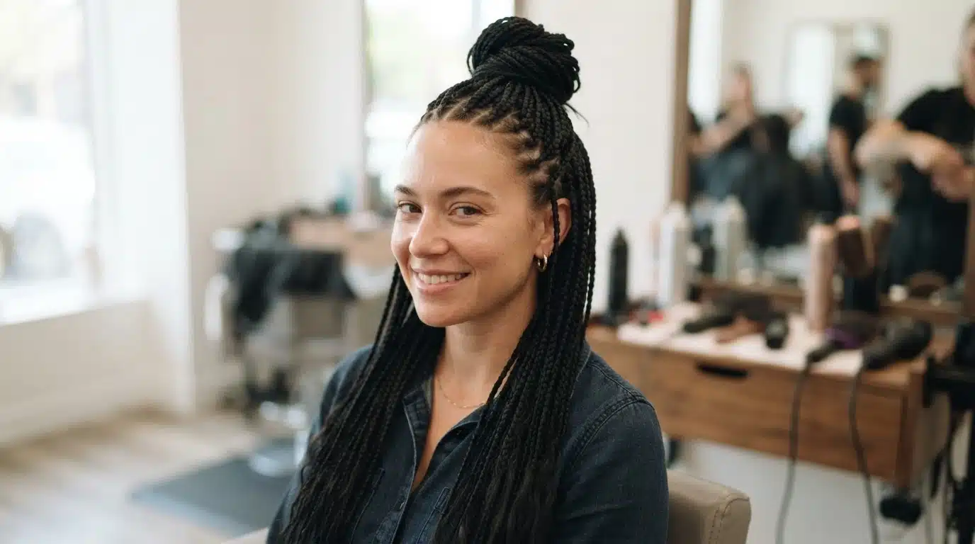 knotless braid half up look with natural black braids on woman