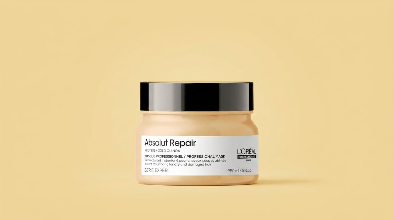 l oreal professionnel absolut repair protein hair mask jar shown against a warm neutral background