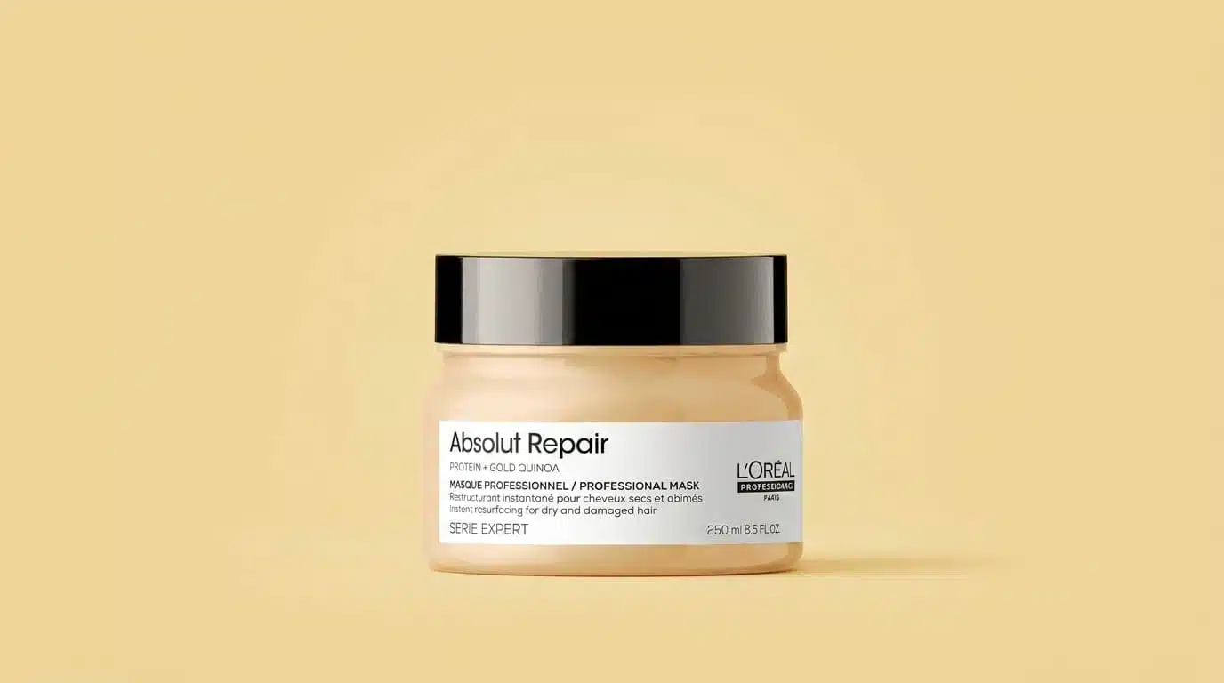 l oreal professionnel absolut repair protein hair mask jar shown against a warm neutral background