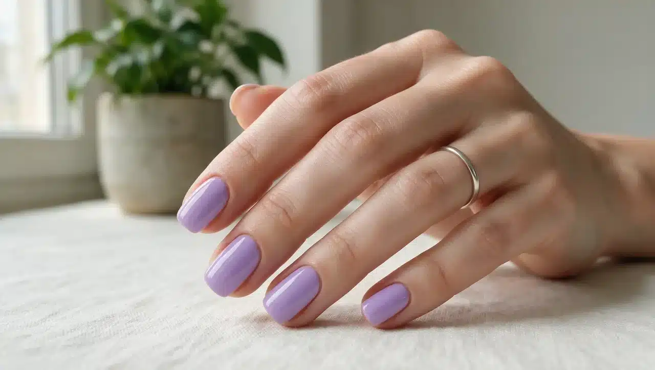 lavender lilac nails with soft purple glossy summer shade
