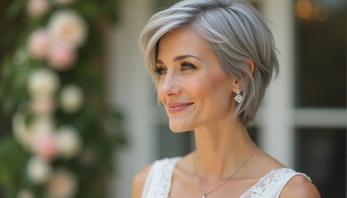 layered gray pixie bob haircut with natural silver tones for wedding guest style