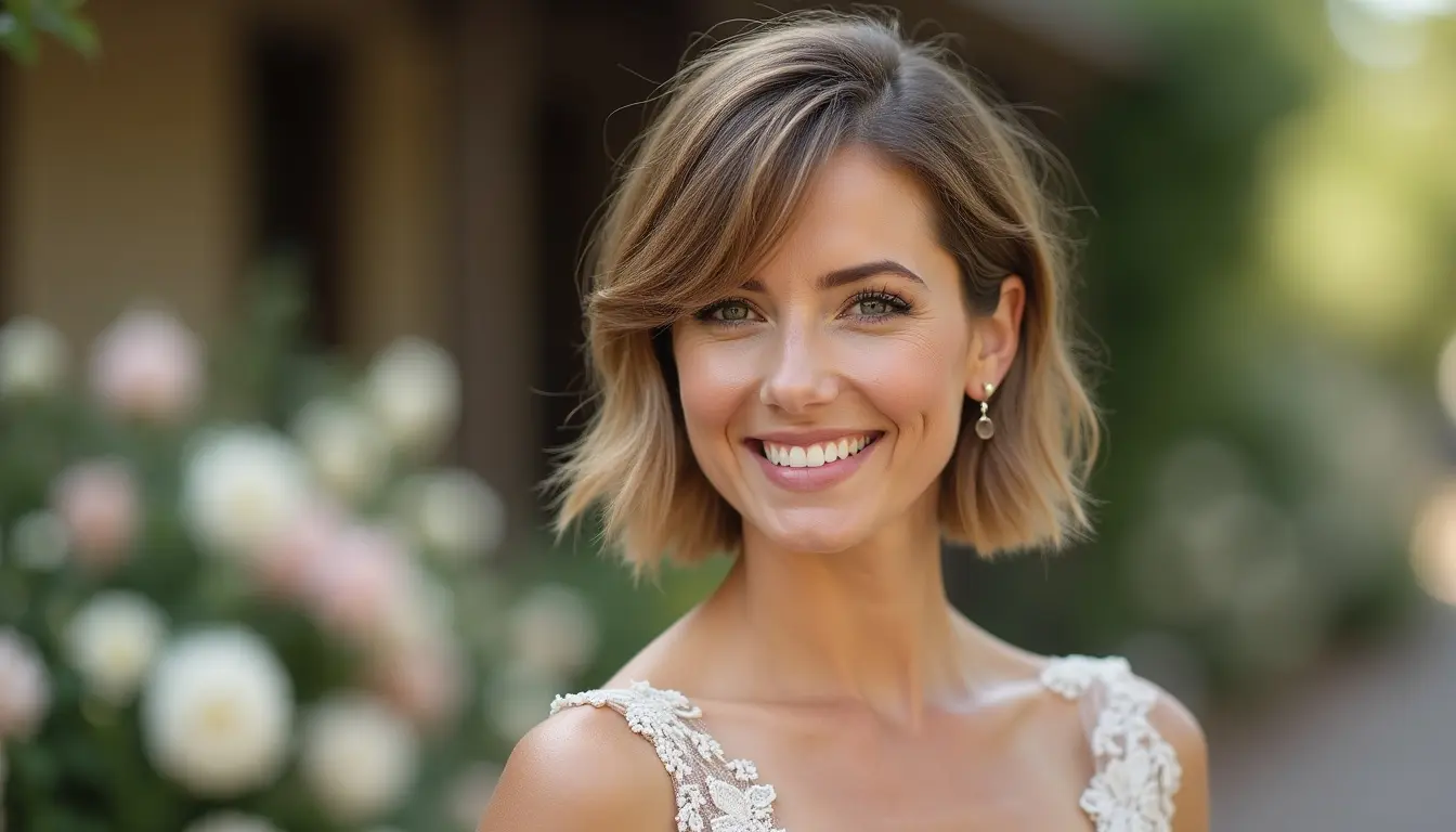 layered pixie bob haircut with subtle highlights and natural texture for wedding guest style