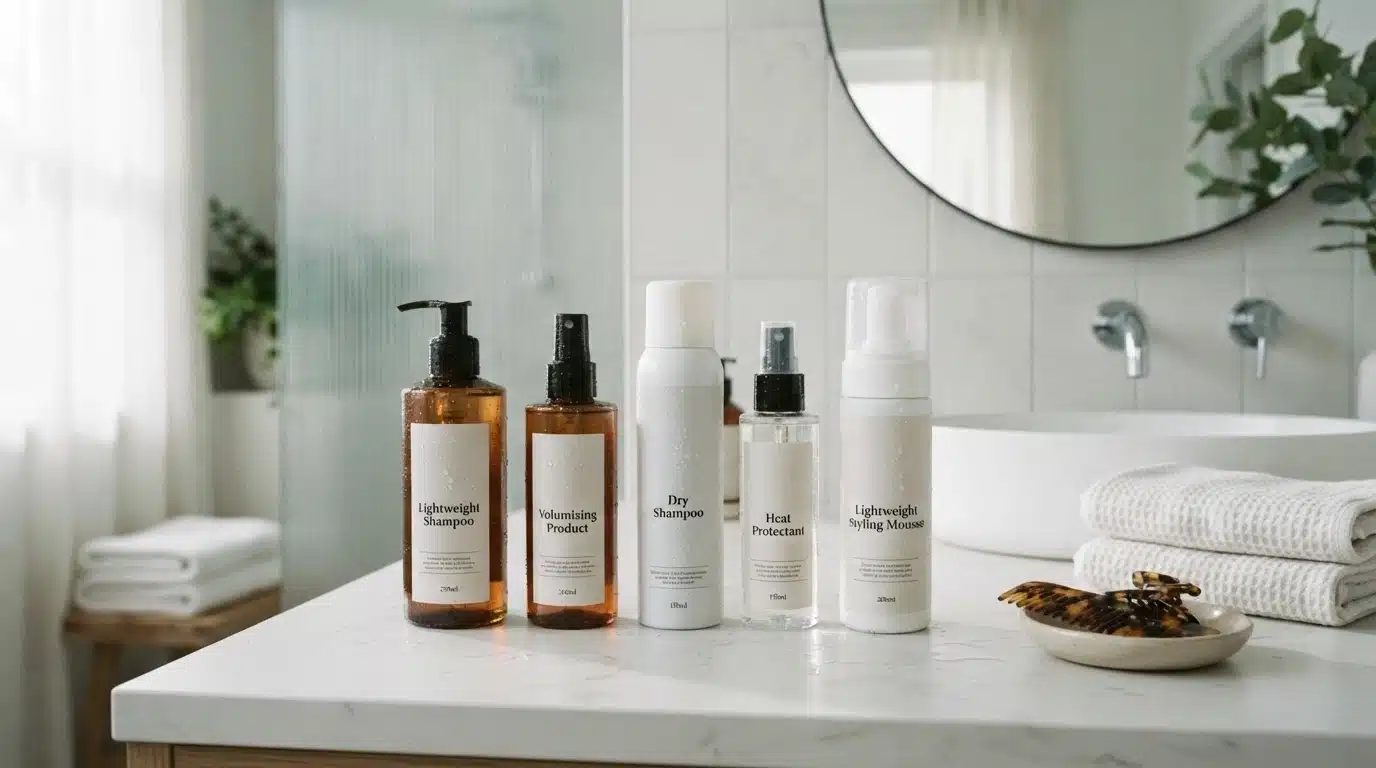lightweight hair care products on washroom slab for fine straight hair