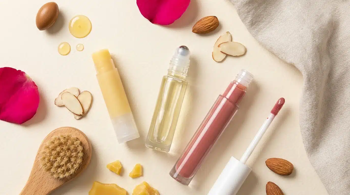 lip balm lip oil and lip gloss arranged together for comparison