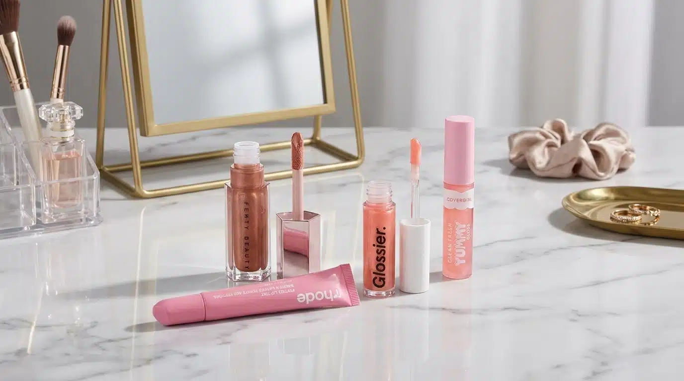 lip gloss products arranged together showing different shades textures and glossy makeup finishes