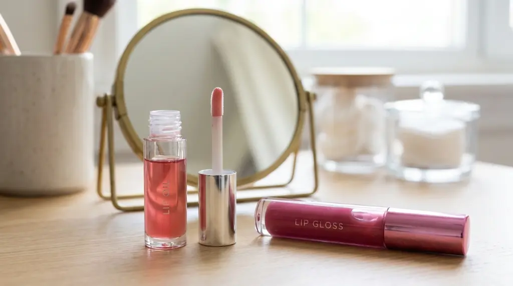 lip oil and lip gloss products showing different shine and textures on vanity