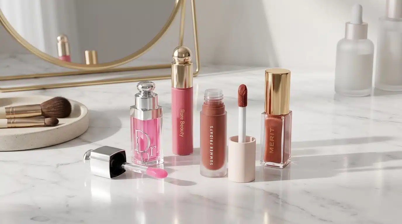 lip oils arranged on a marble vanity showing different shades textures and glossy beauty finishes