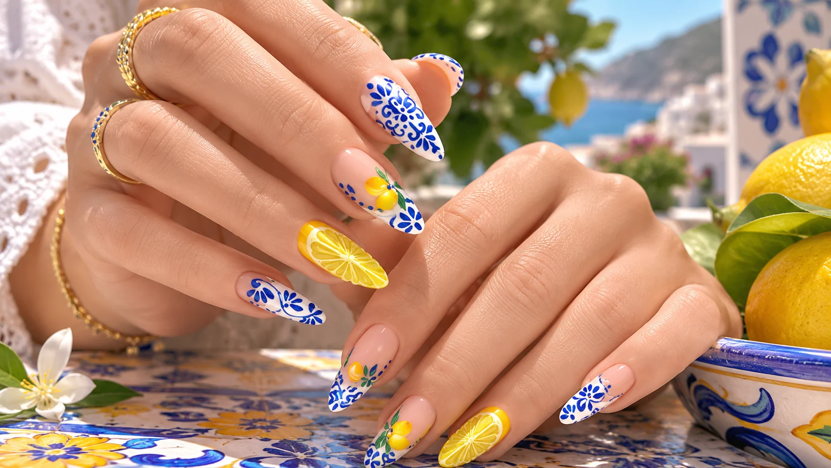 long almond lemon nails with blue tile pattern inspired summer manicure