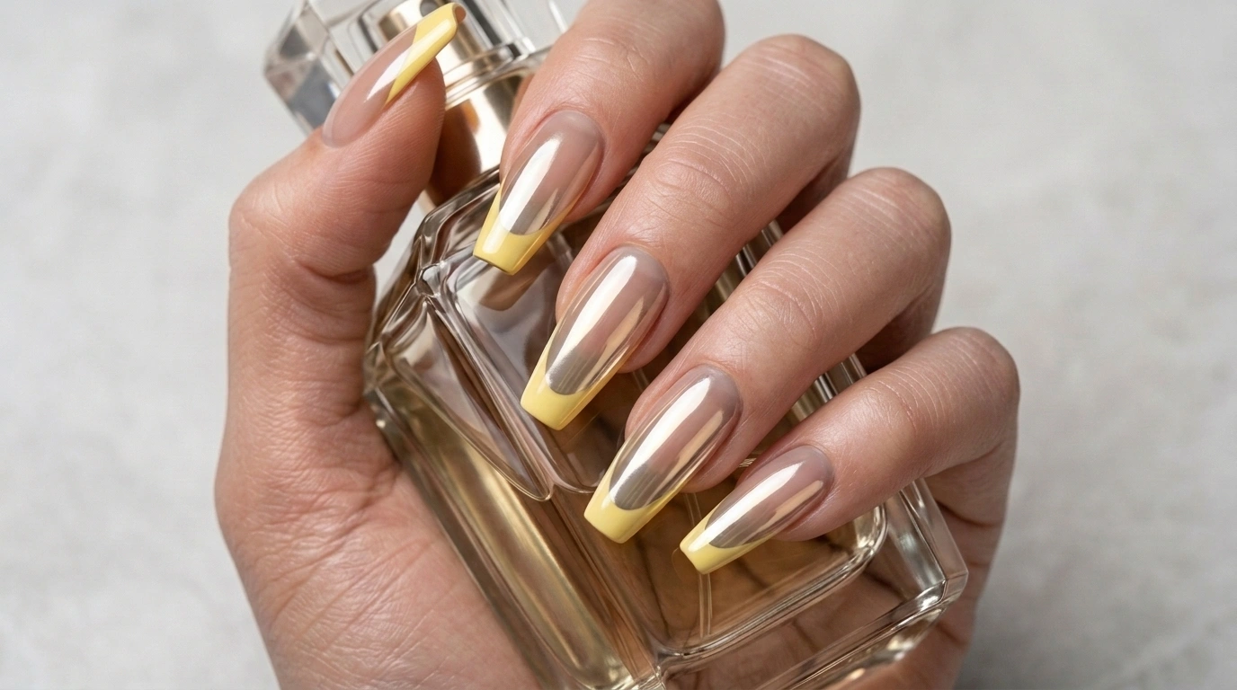 long coffin chrome yellow french tip nails with reflective finish
