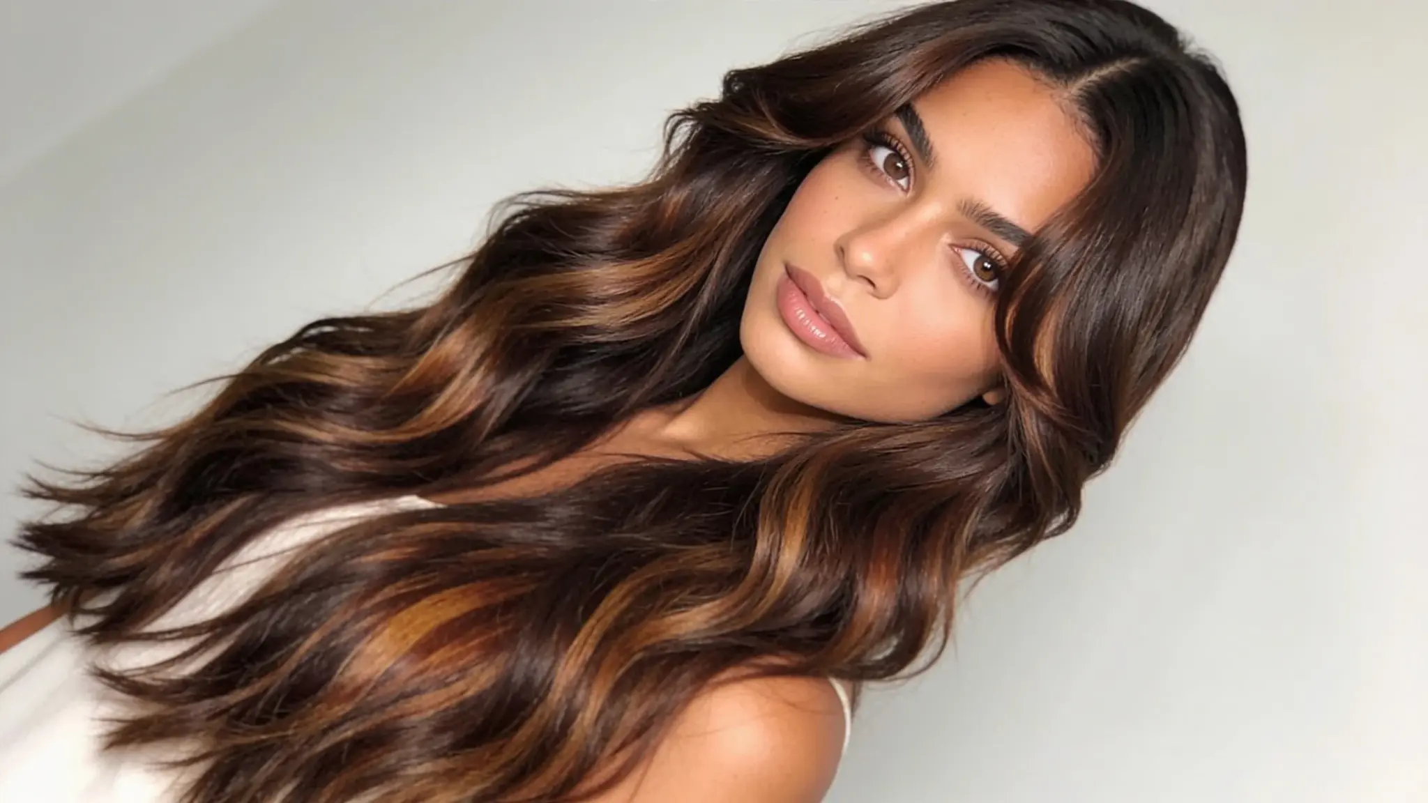 long dark brown hair with chocolate balayage and soft mocha highlights in salon style