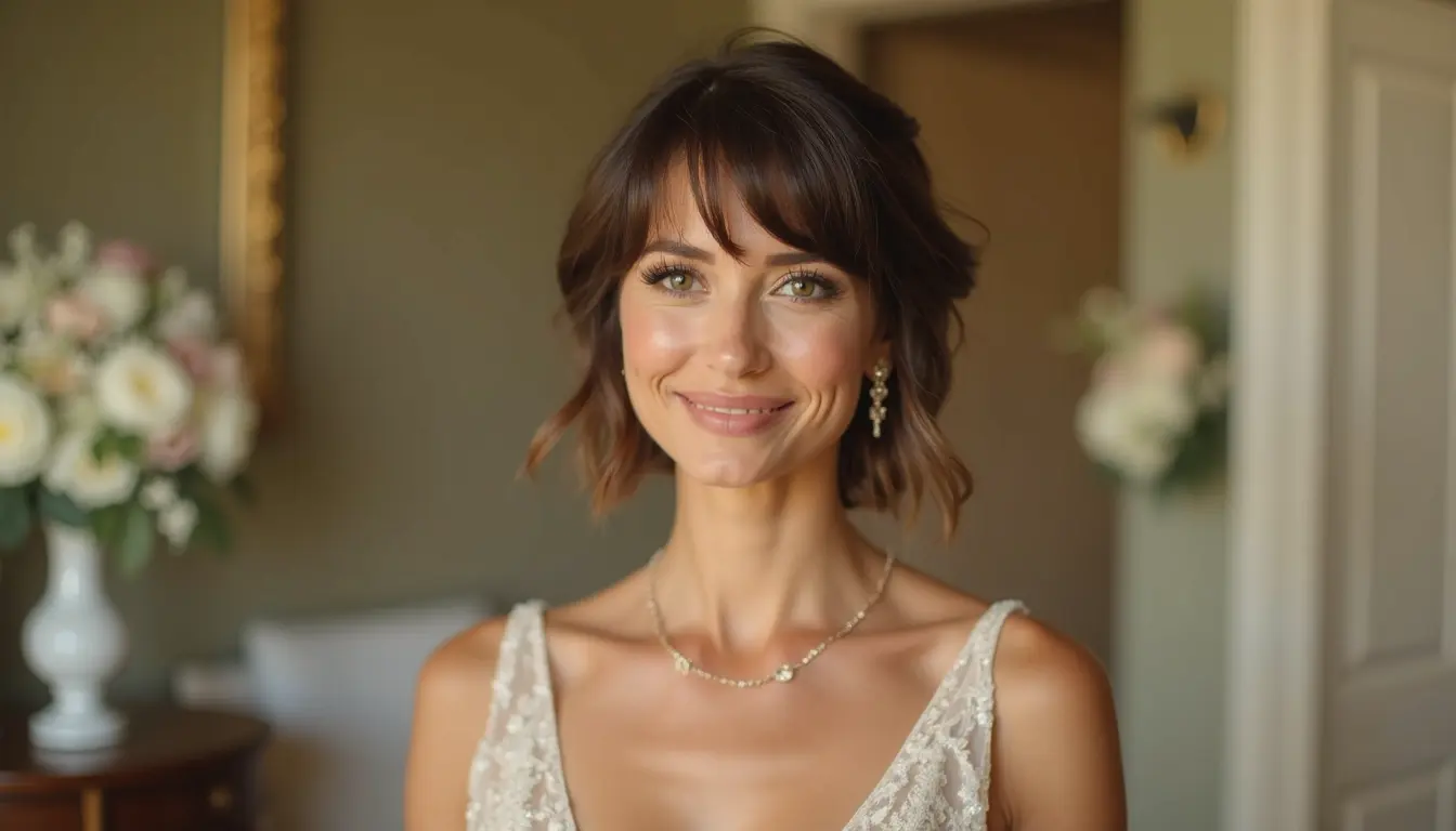 long pixie bob bixie haircut with soft layers and face framing pieces for wedding guest style