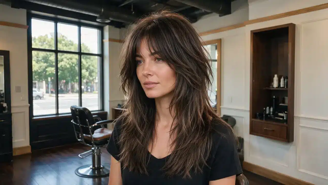 long shag hairstyle with flowing layers and textured ends