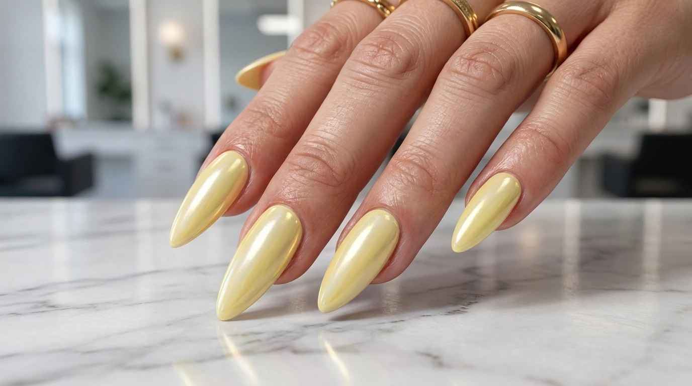 long stiletto chrome butter yellow nails with reflective metallic manicure finish