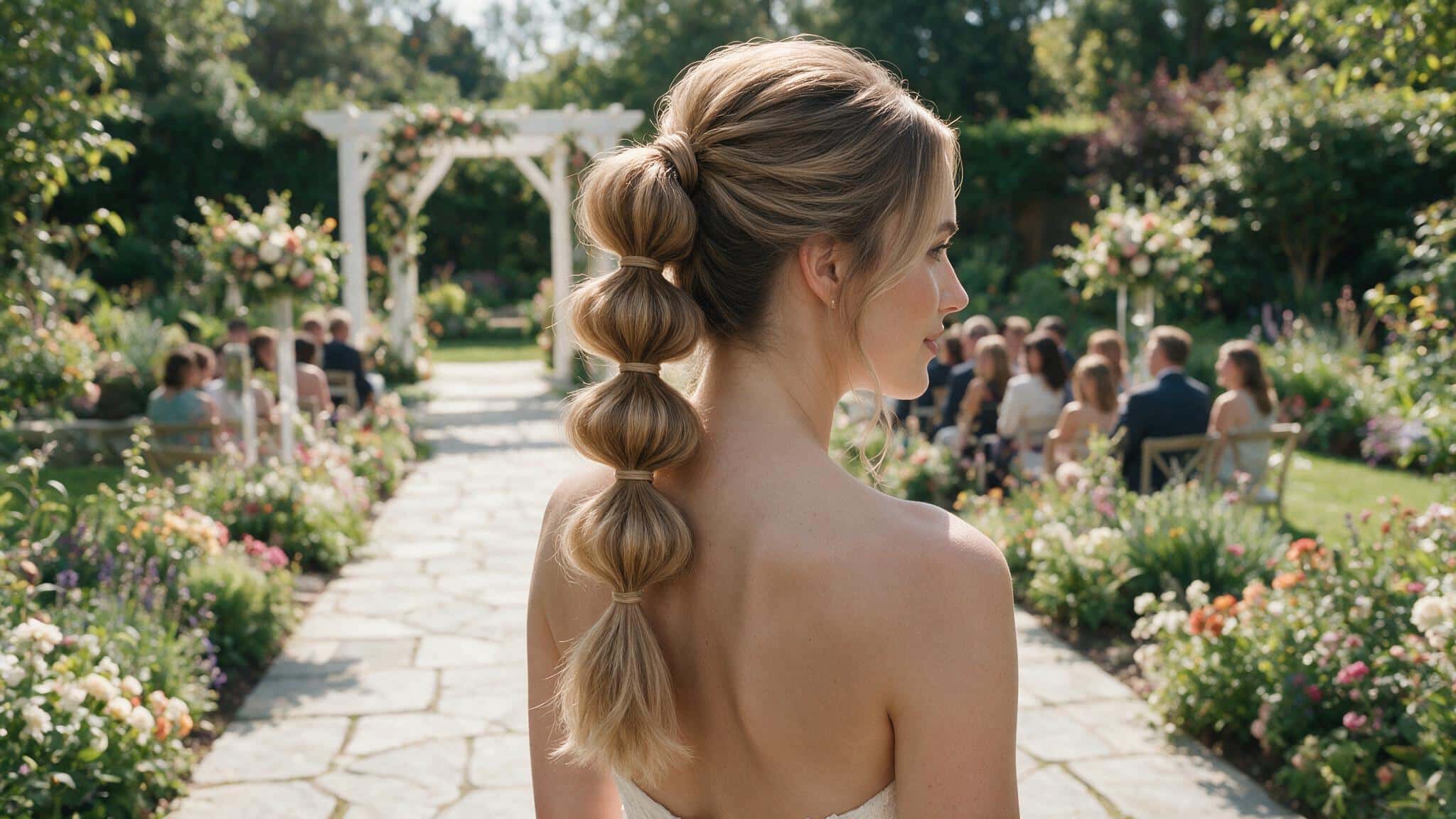 long textured bubble ponytail with evenly spaced rounded sections for an outdoor wedding