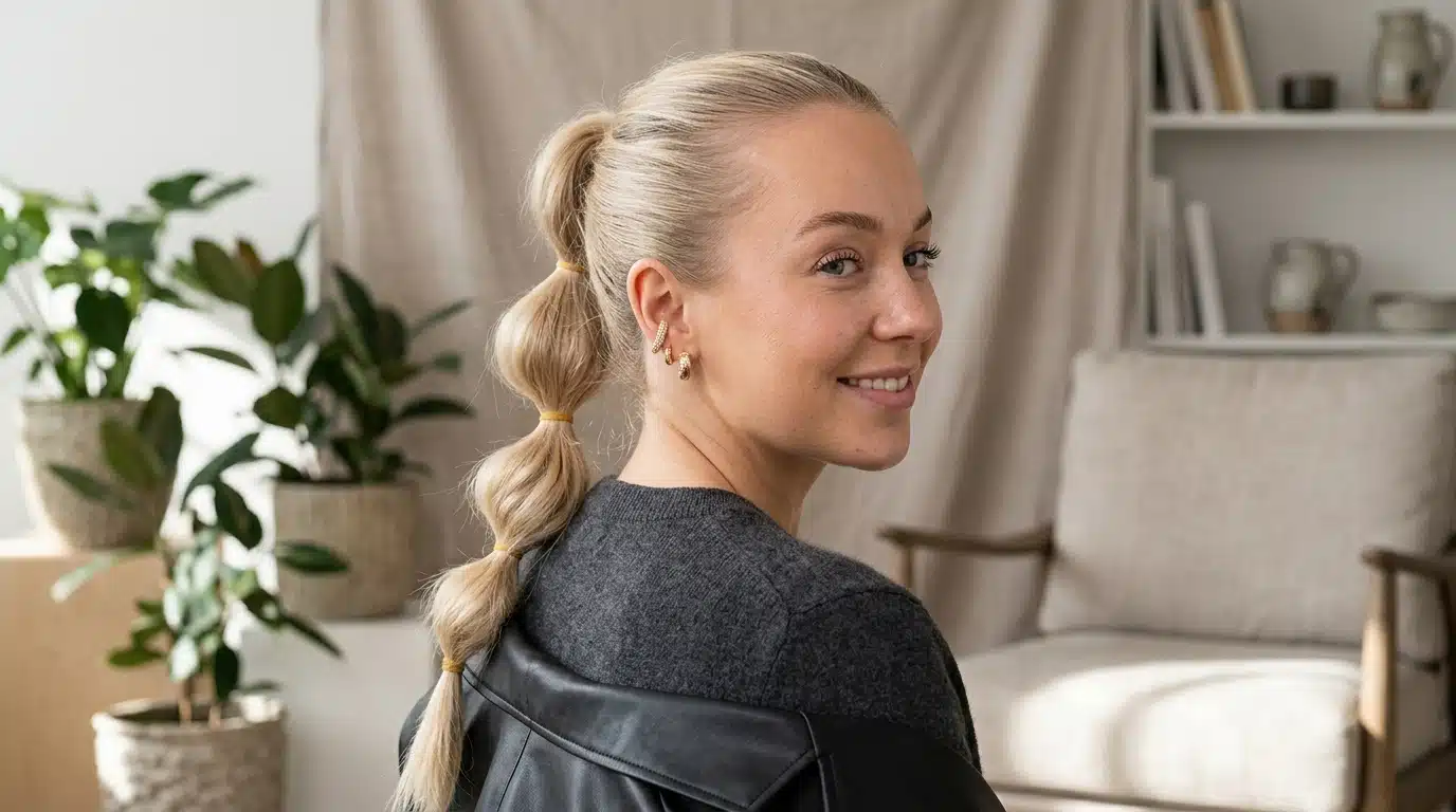 long bubble ponytail hairstyle with rounded sections and smooth textured hair
