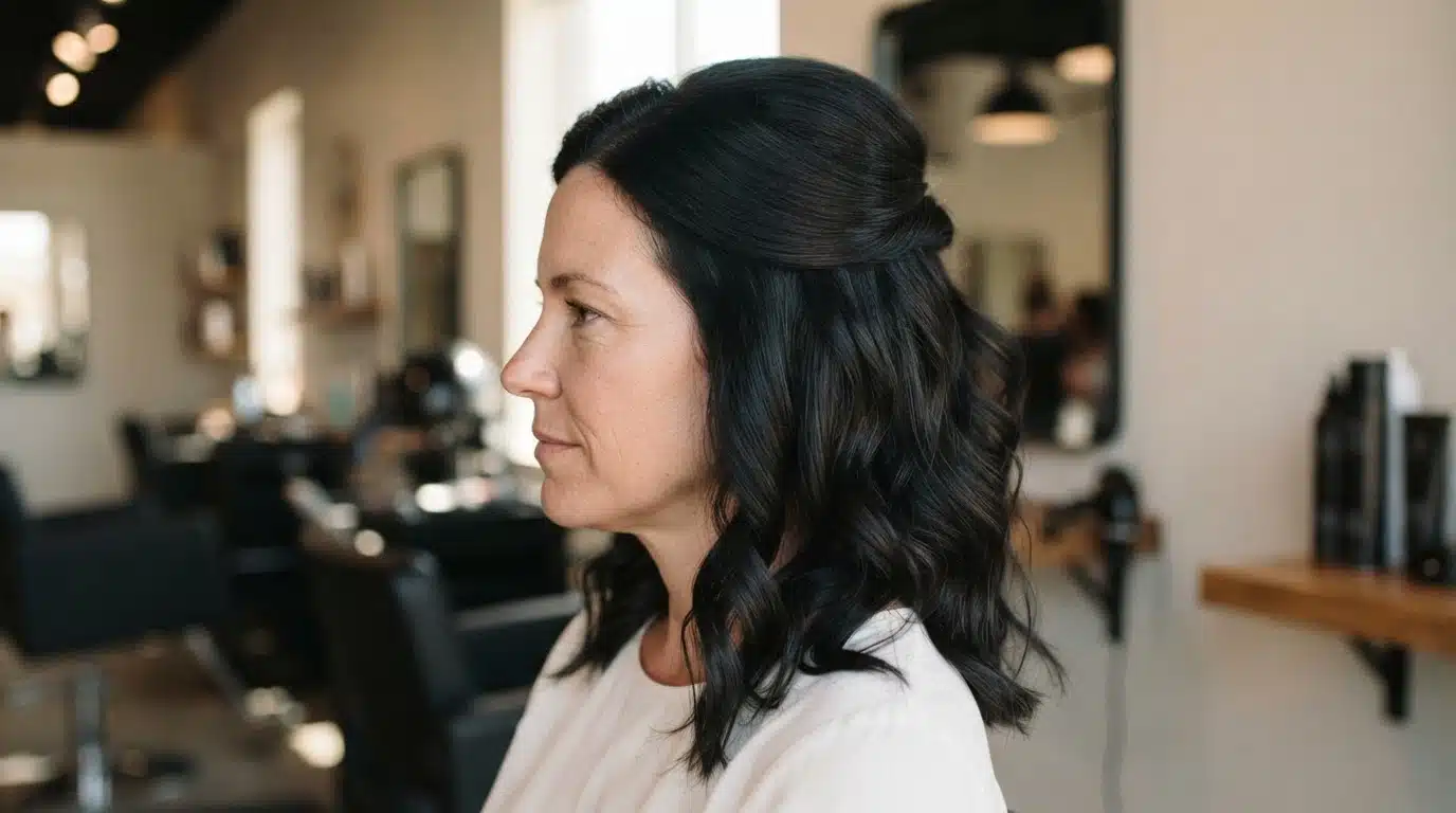 loose wave half up style with soft black hair waves in salon