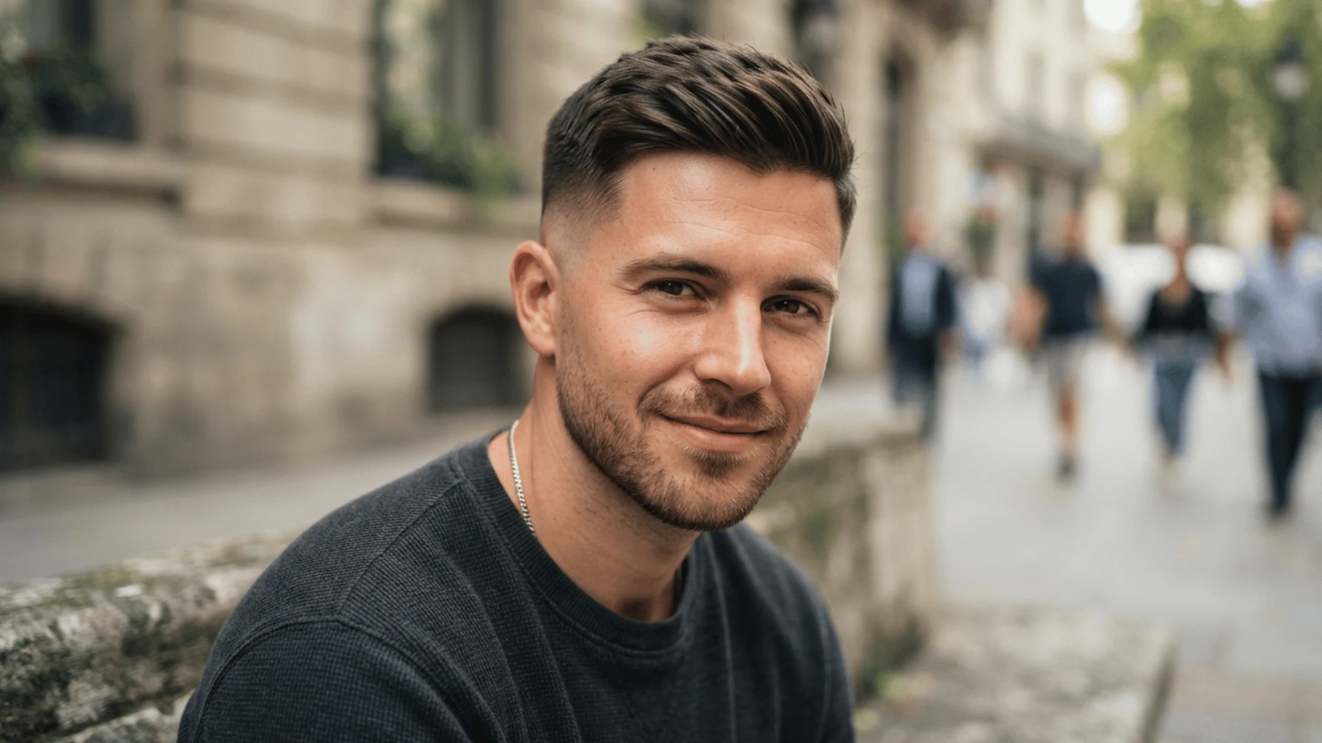 Low skin fade crop with natural side part