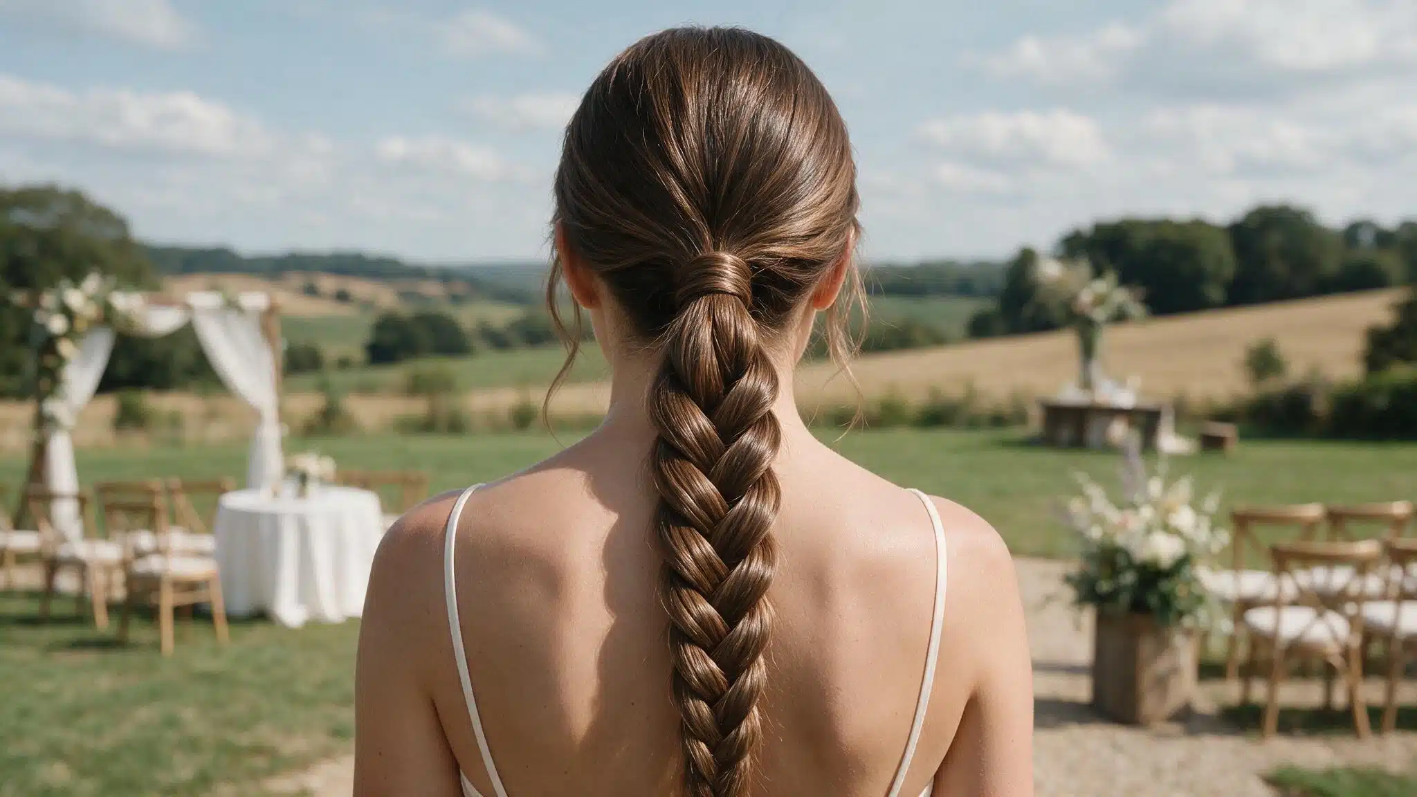 low wedding ponytail styled into a neat two section rope braid