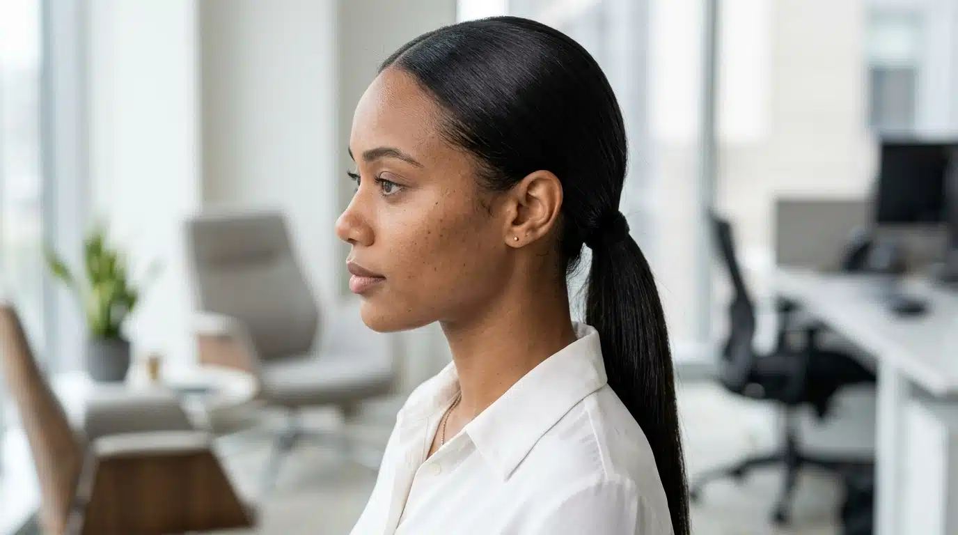 low sleek ponytail hairstyle with smooth center part and glossy straight hair