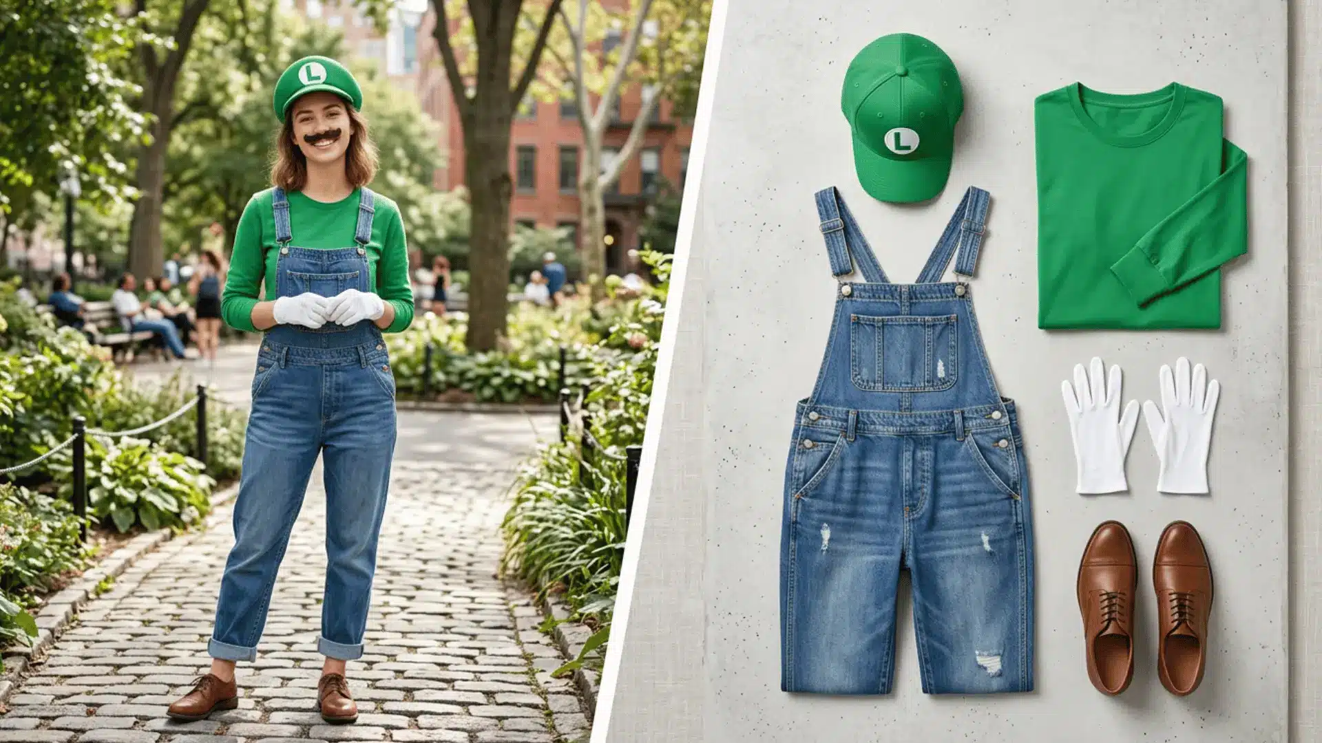 Luigi costume with blue overalls, green shirt, green cap, gloves, and mustache