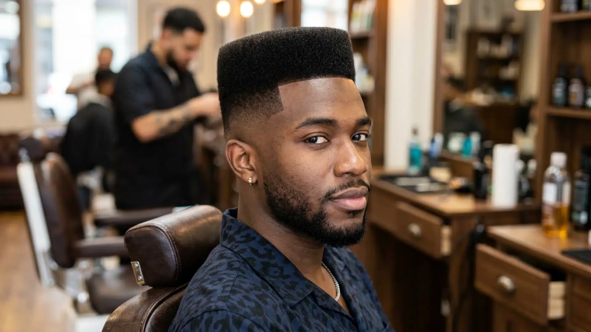 Man in a barbershop with a mid-fade and sharp flat-top haircut
