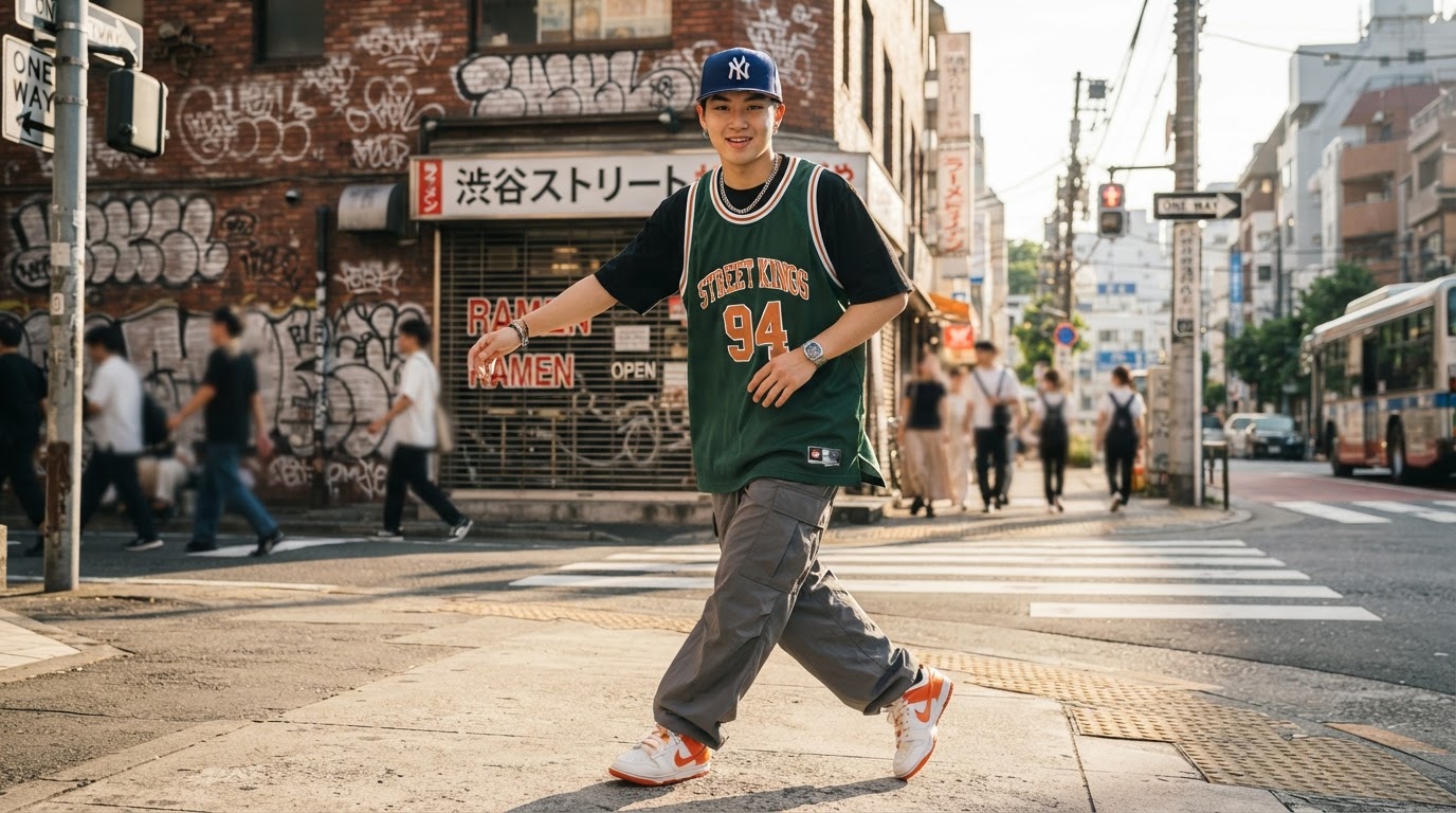 man in a basketball jersey baggy cargo pants and sneakers walking on a city street