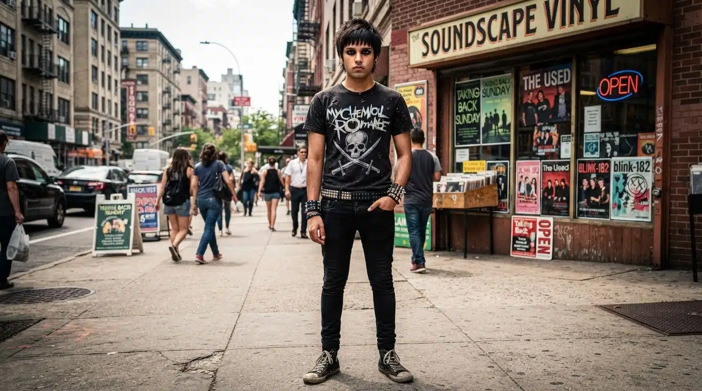man in a black band shirt skinny jeans studded accessories and eyeliner outside a record store