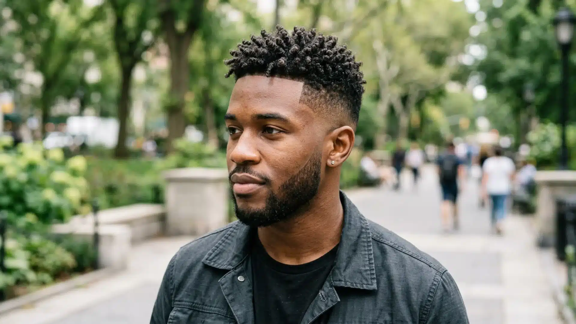 Man outdoors with a mid-fade haircut and short twists.