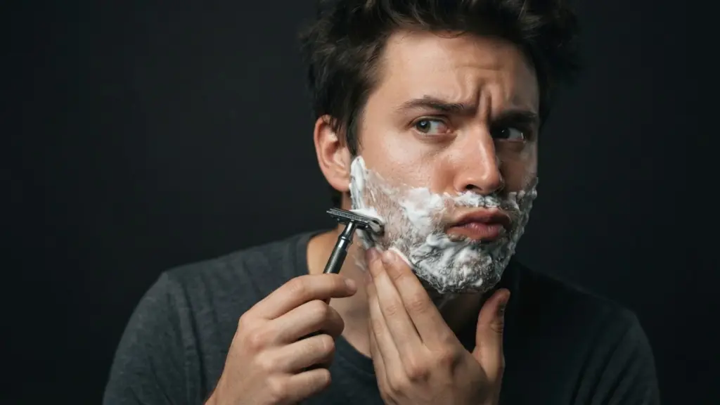 Man shaving with a manual razor and shaving cream while looking into a bathroom mirror