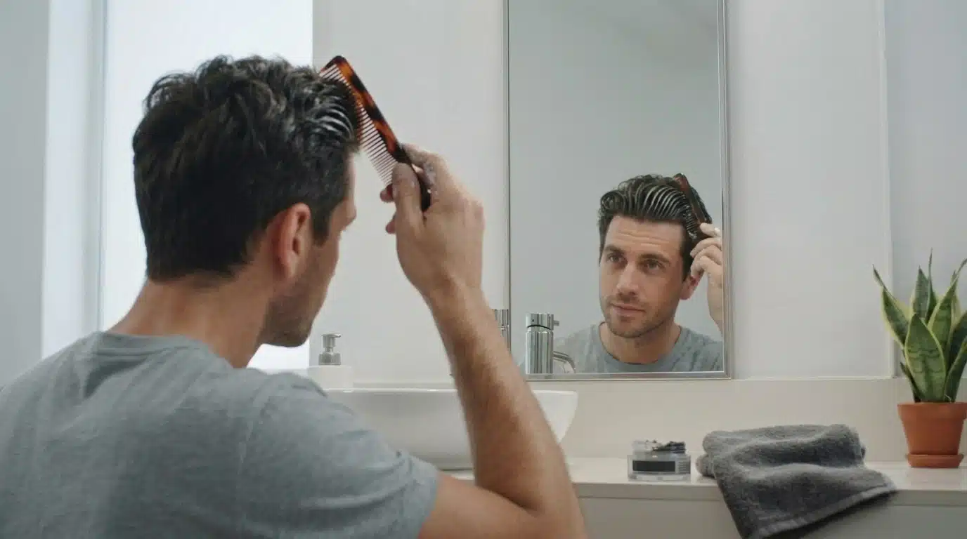 man styling hair with pomade showing realistic scalp and hair texture in bathroom setting