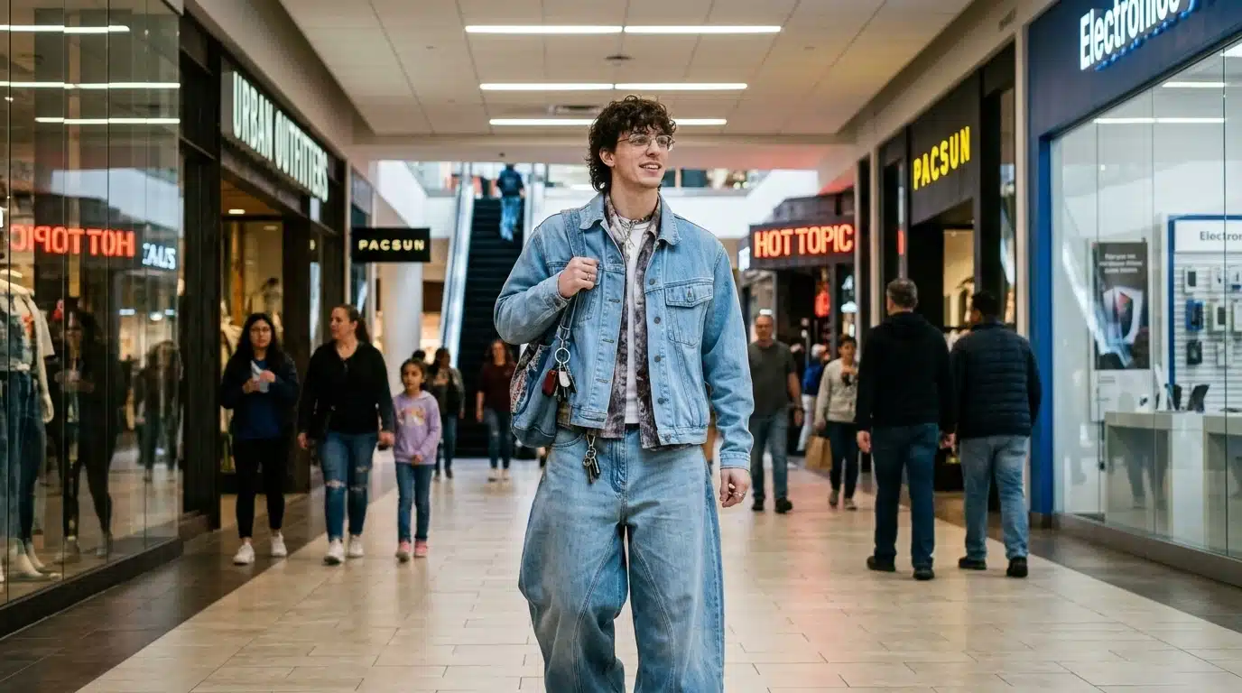 man wearing 80s double denim outfit with faded jacket and jeans in a shopping mall