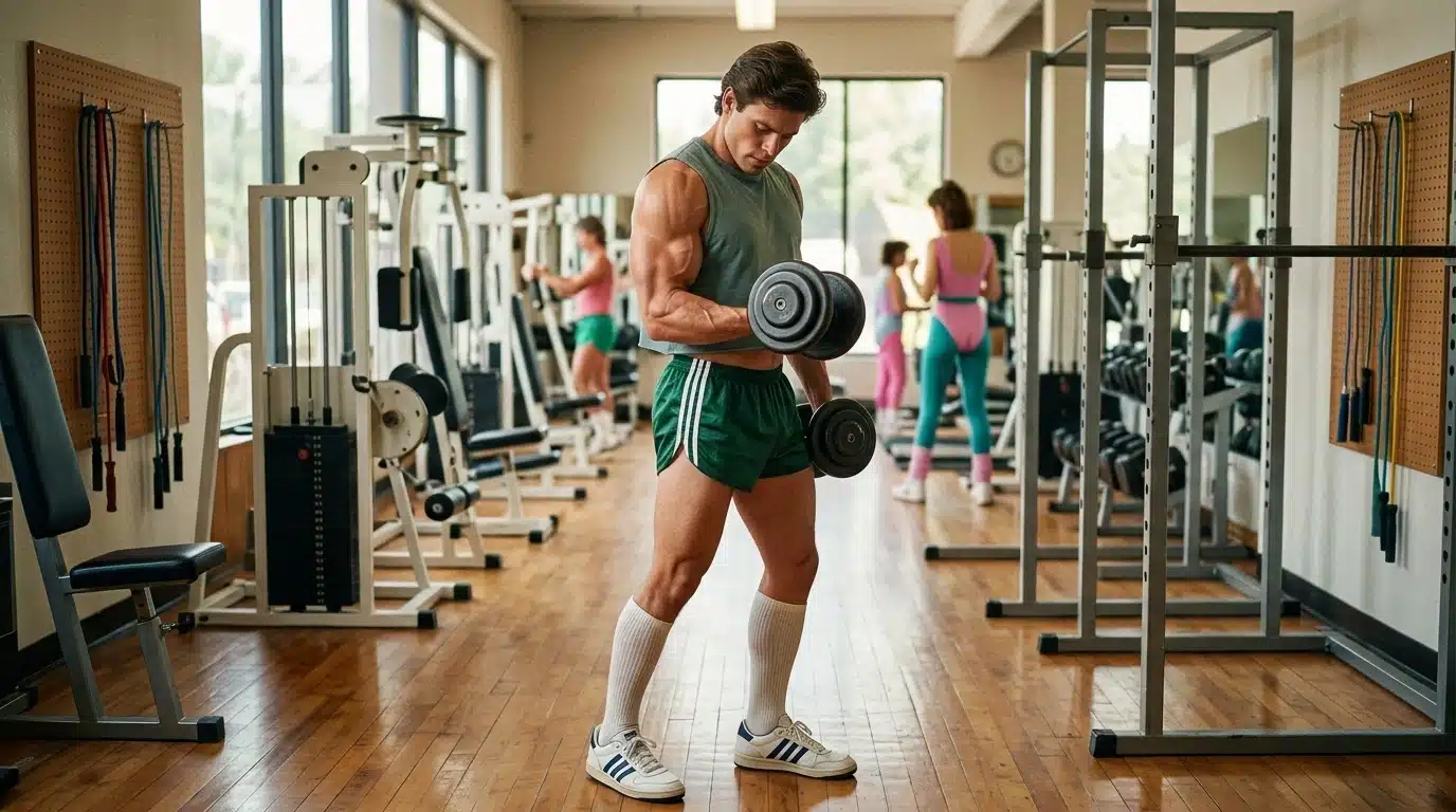 man wearing 80s gym fashion with cropped top shorts and sneakers during workout session