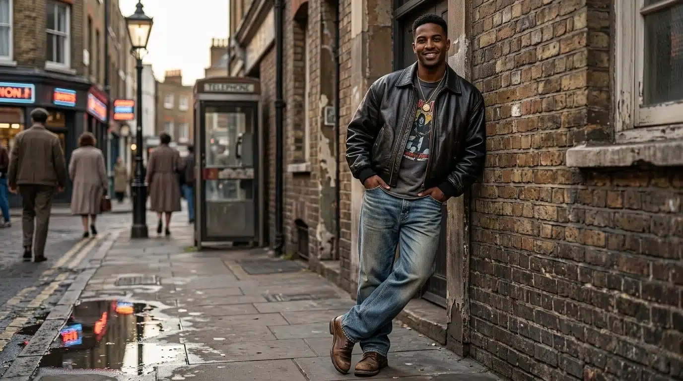 man wearing 80s leather bomber jacket with graphic tee and faded jeans on city street
