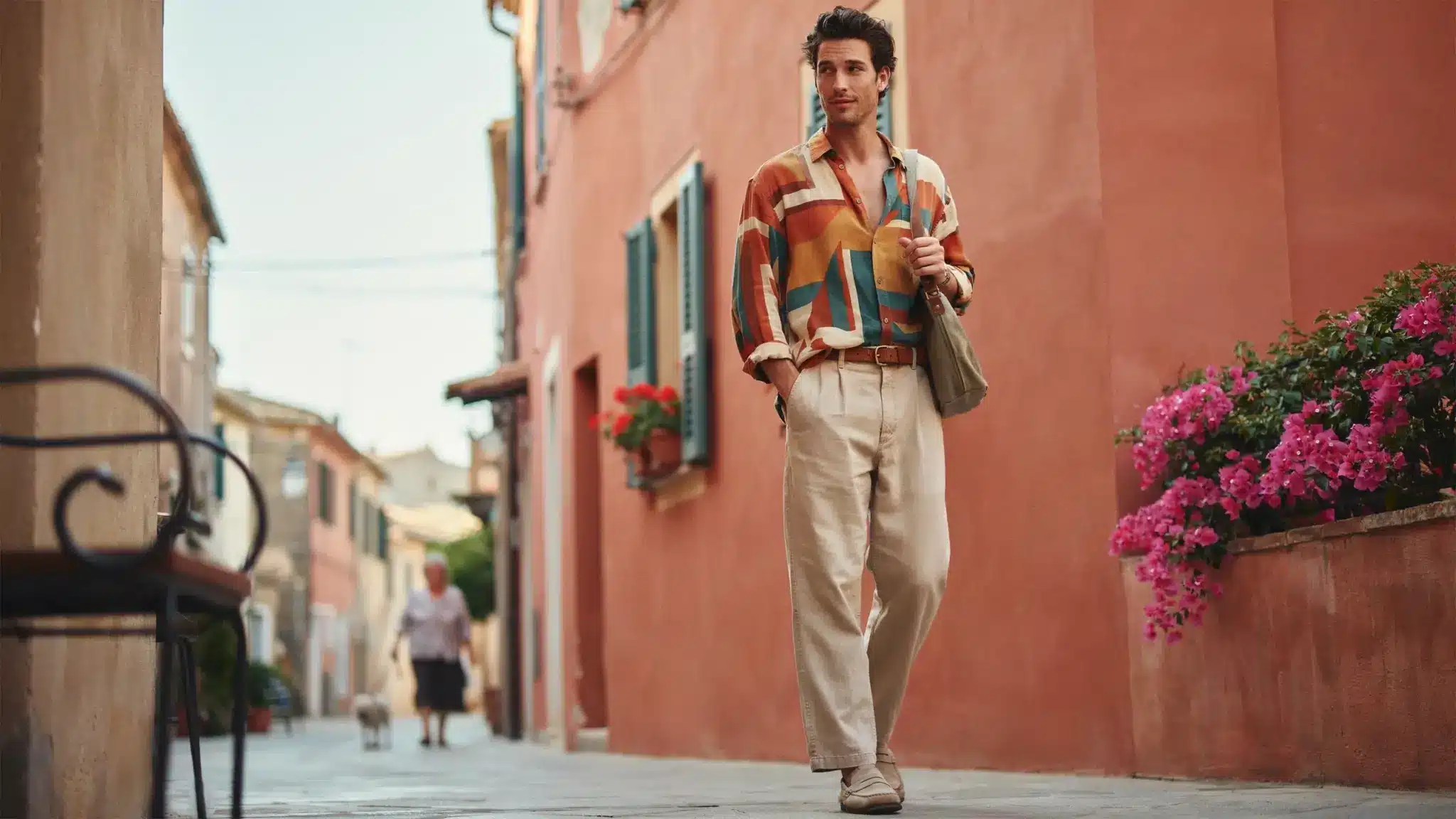 man wearing 80s oversized printed shirt with relaxed trousers in vintage street setting