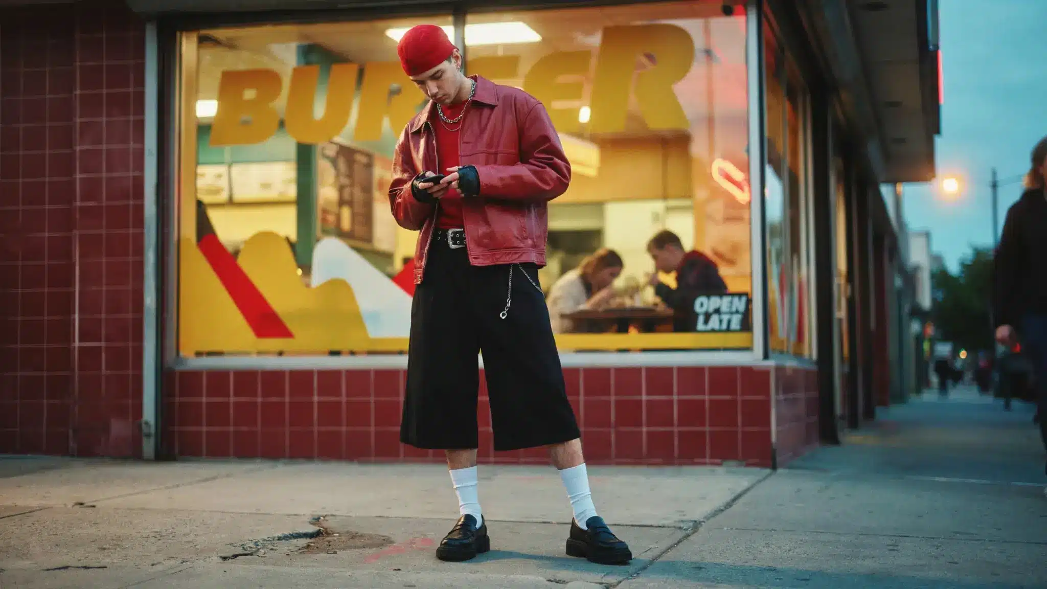 man wearing 80s rock fashion with leather jacket shorts and chain accessories on street