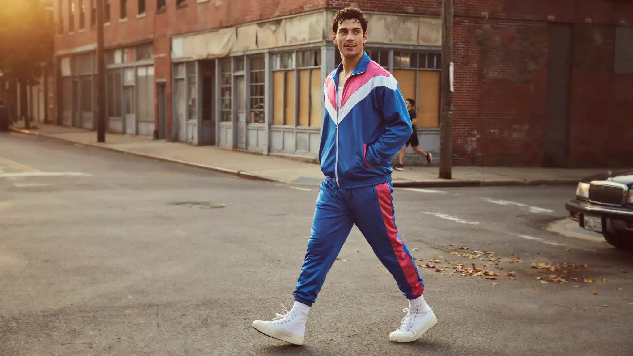 man wearing colorful 80s tracksuit with white sneakers on urban street
