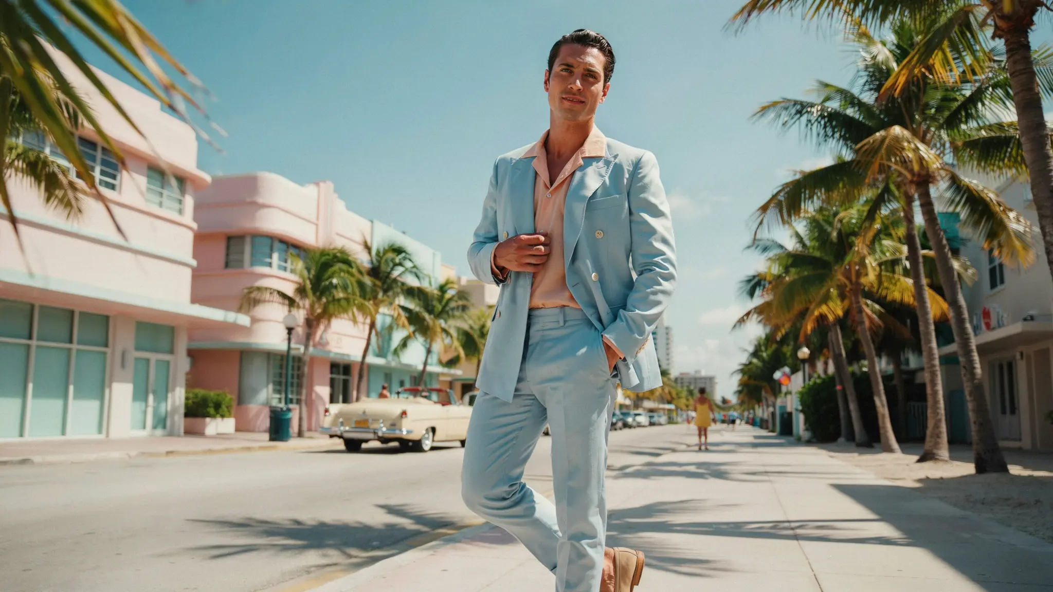 man wearing pastel 80s Miami style suit with open collar shirt on palm lined street
