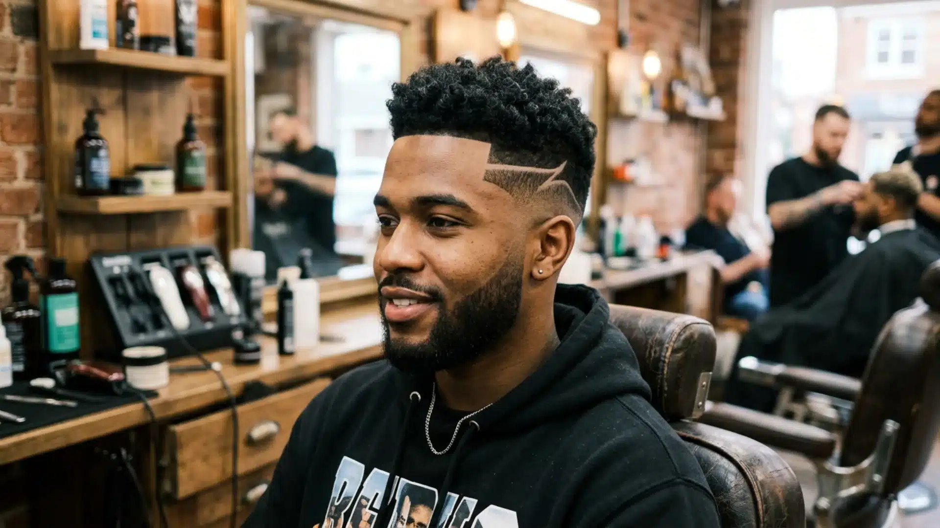 Man with a mid fade, curly top, and shaved design