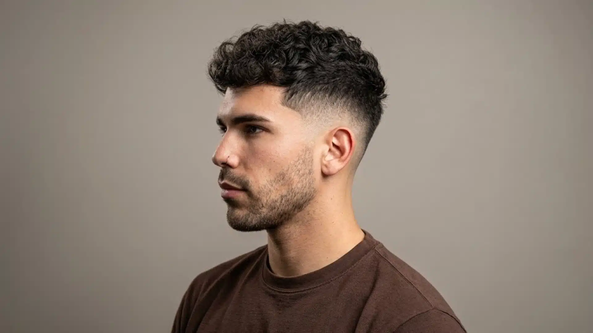 Man with curly top and sharp taper fade in side profile against a neutral studio background