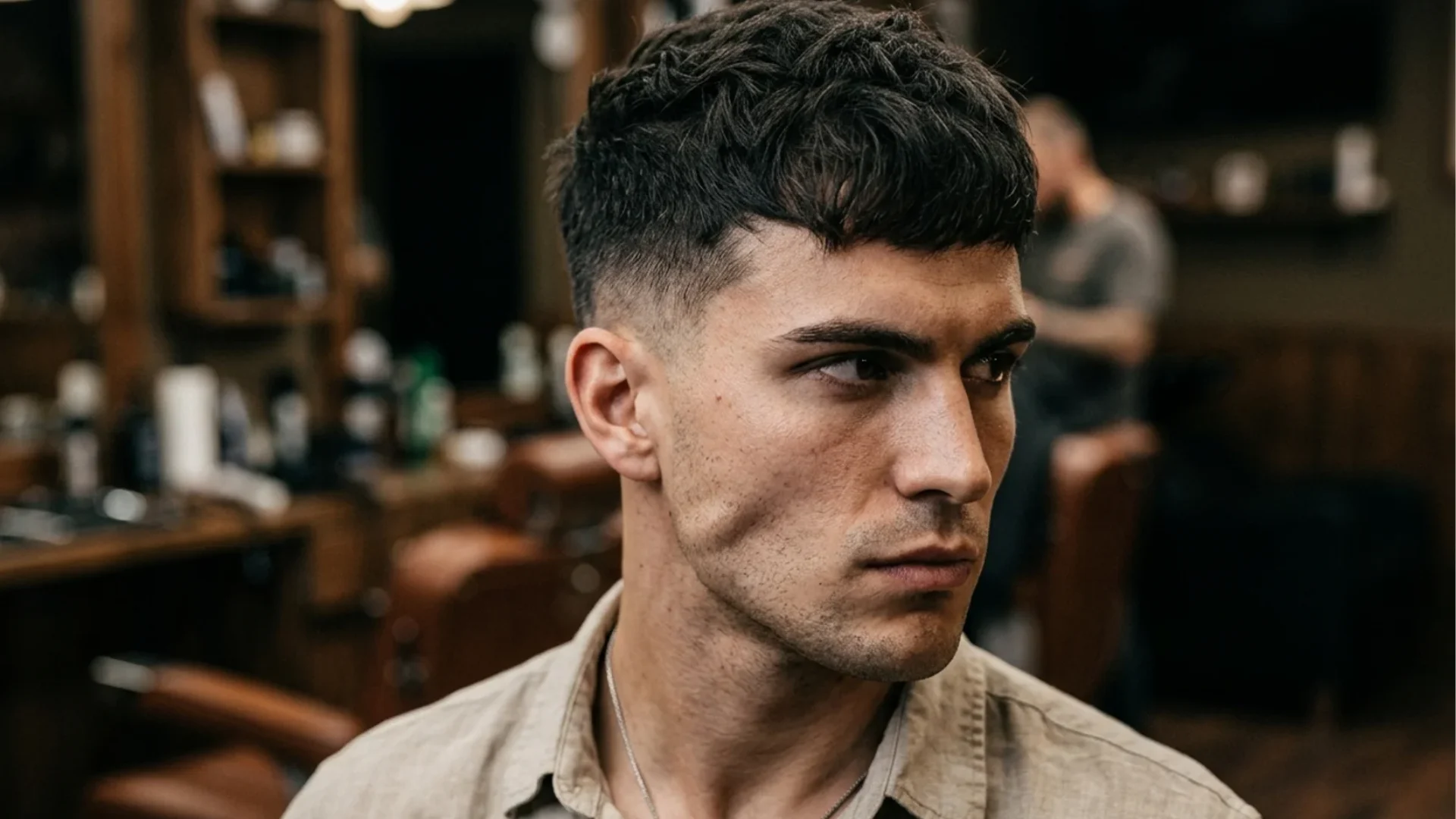 Man with a textured crop haircut and a mid-skin fade looking sideways in a dimly lit, rustic barbershop