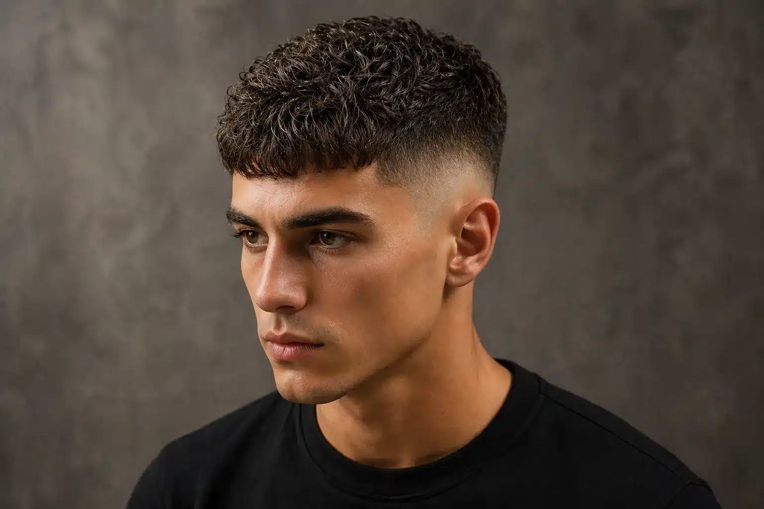 Man with a textured curly fringe and high skin fade, wearing a black crew neck shirt against a dark textured wall.