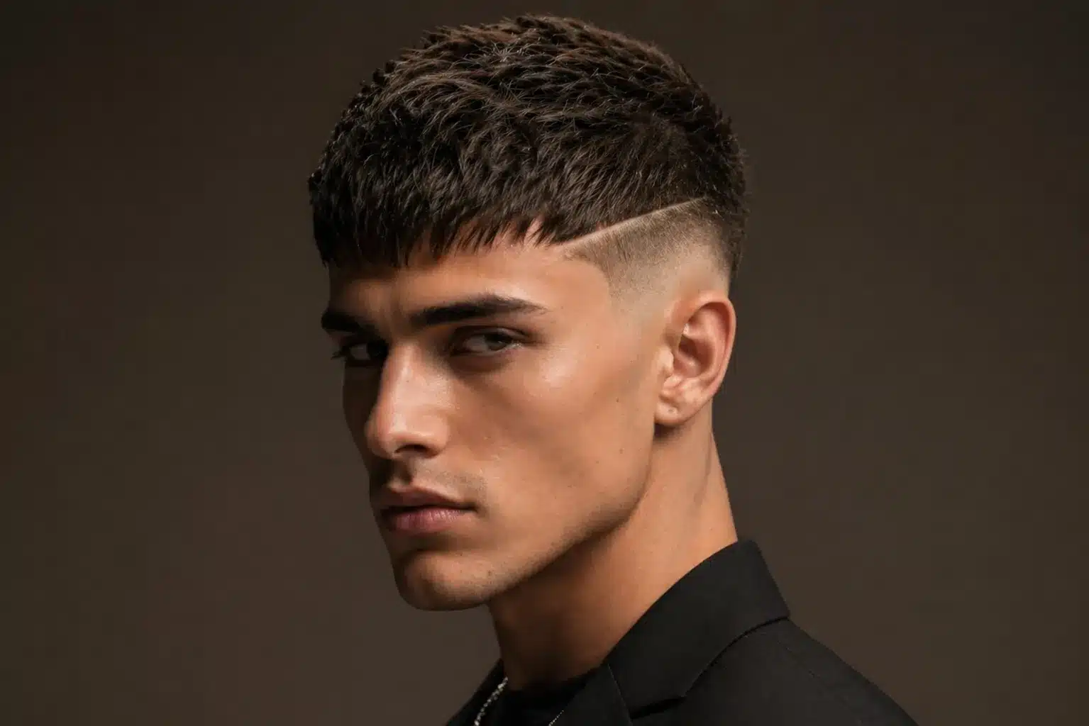 Man with a textured French crop and high fade featuring a surgical line, wearing a black suit jacket.