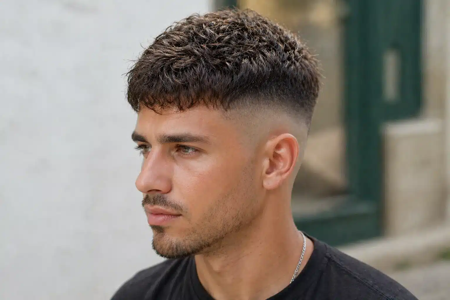 Man with a wet-look textured fringe and high skin fade, wearing a black t-shirt and silver chain outdoors