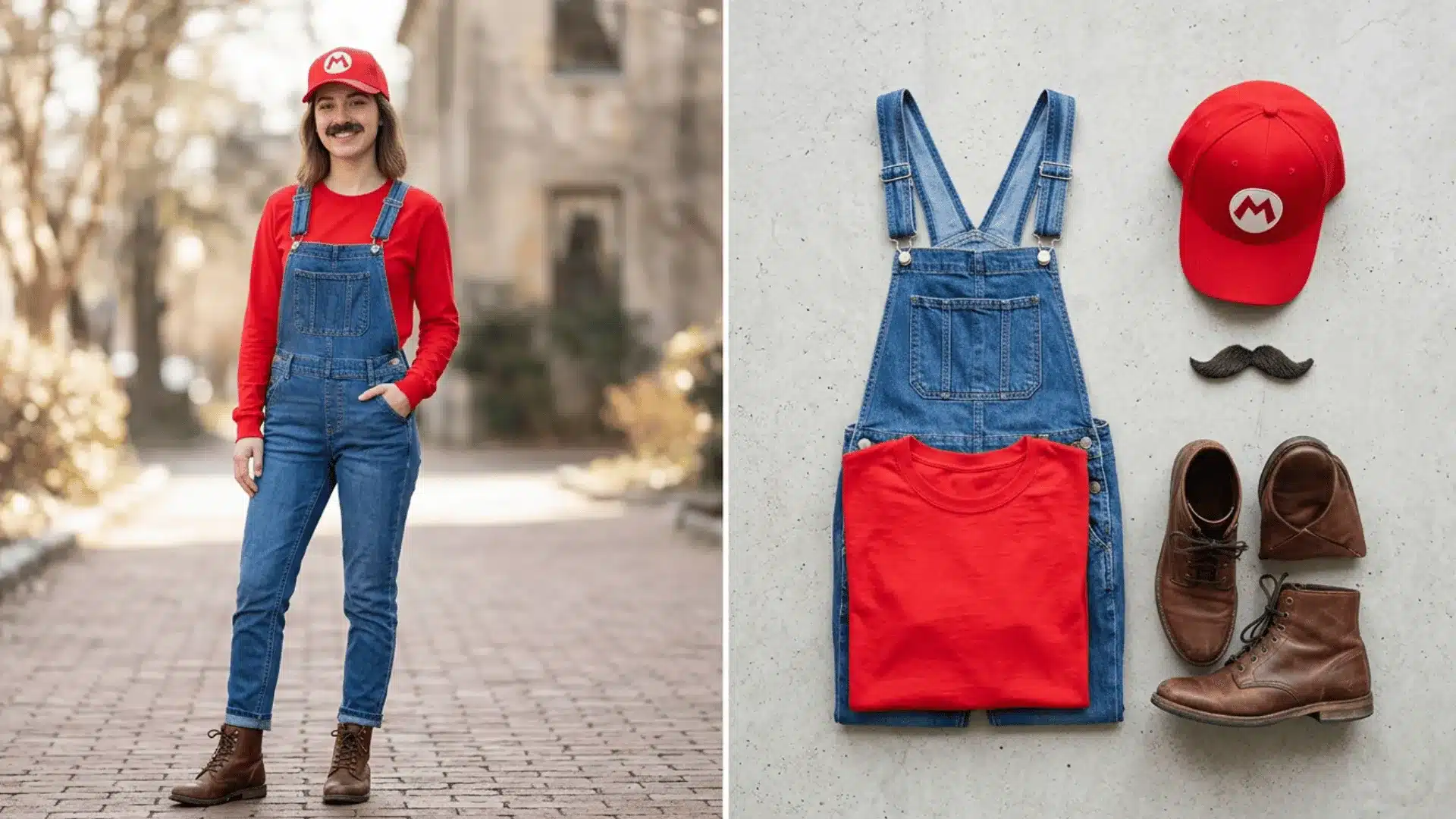 Mario costume with blue overalls, red shirt, red cap, and mustache