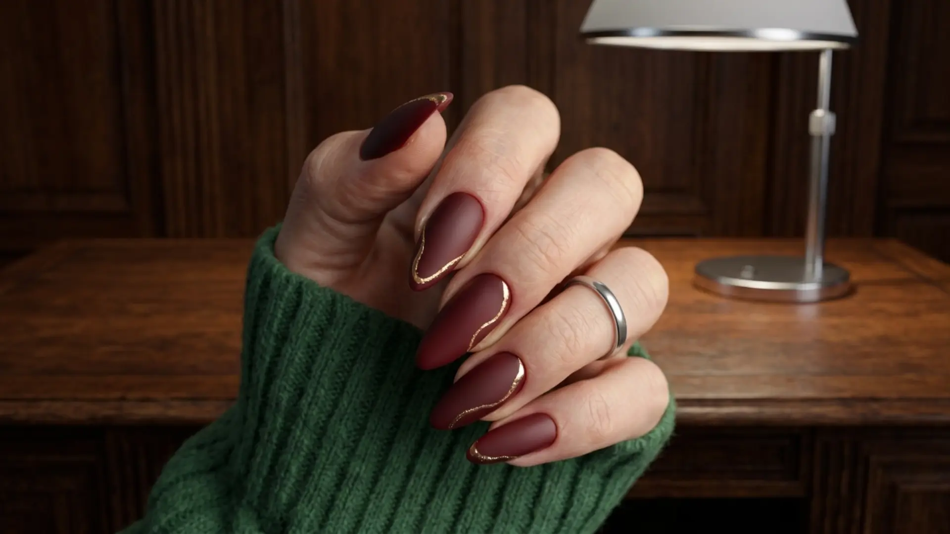matte burgundy almond nails with gold foil outline on hand wearing green sweater in warm indoor setting