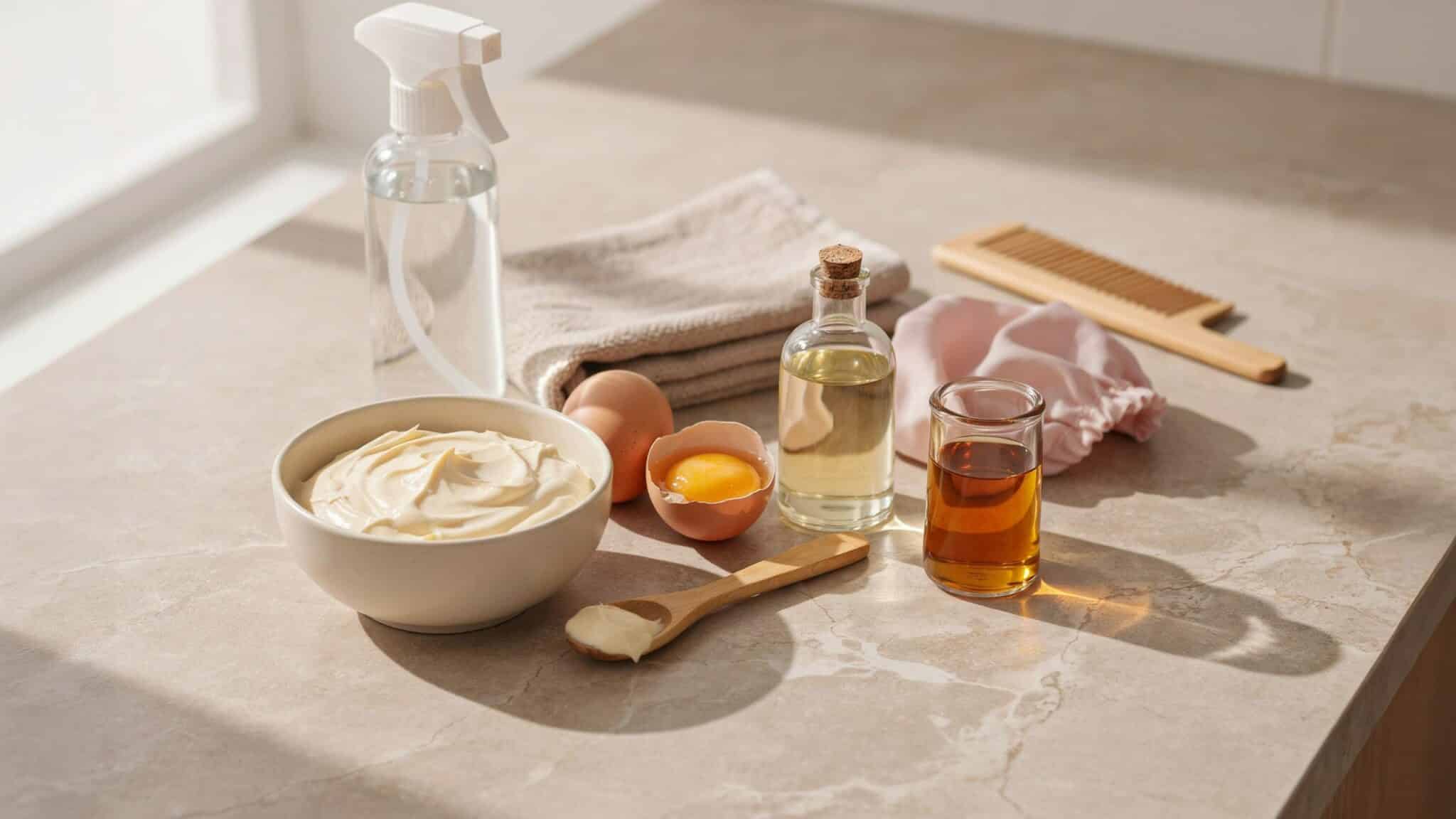 mayonnaise eggs vegetable oil and vinegar arranged beside simple hair care tools on a bathroom counter